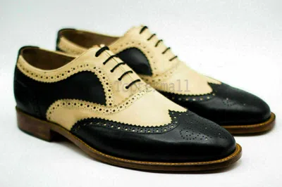 Pre-owned Handmade Men's Leather Two Tone Oxfords Brogue Formal Wingtip Lace Up Shoes-161