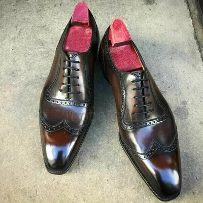 Pre-owned Handmade Men's Leather Two Tone Oxfords Dress Custom Made Wingtip Shoes -172