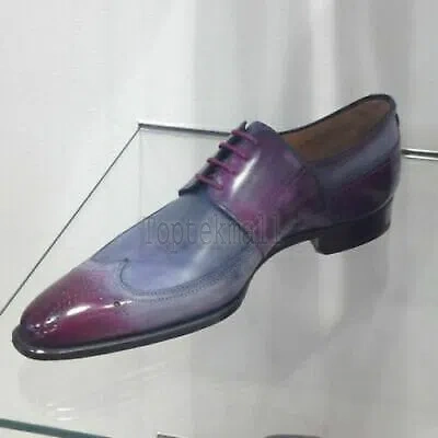 Pre-owned Handmade Men's Leather Two Tone Patina Purple Oxfords Super Stylish Shoes-188