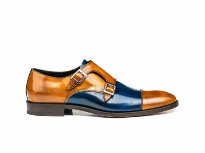 Pre-owned Handmade Men's Leather Two Tone Patina Tan Blue Double Monk Custom Shoes-861