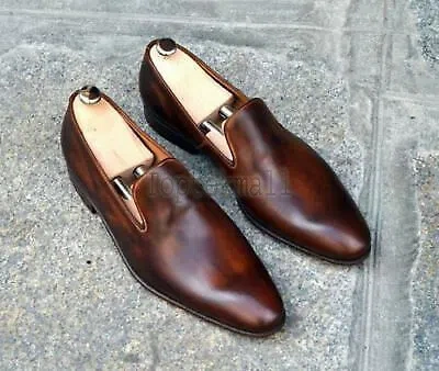 Pre-owned Handmade Men's Leather Two Tone Patina Whole Cut Loafers Custom Made Shoes-418 In Brown