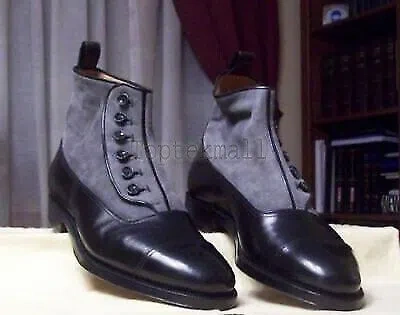 Pre-owned Handmade Men's Leather Two Tone Suede Button Stylish Custom Made Dress Boots-815 In Black