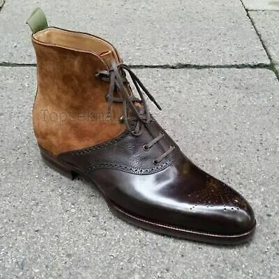 Pre-owned Handmade Men's Leather Two Tone Tan & Brown Ankle High Stylish Boots-711