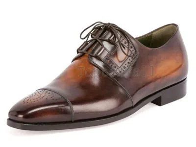 Pre-owned Handmade Men's Leather Two Tone Tan Brown Lace-up Oxford Brogues Shoes-650