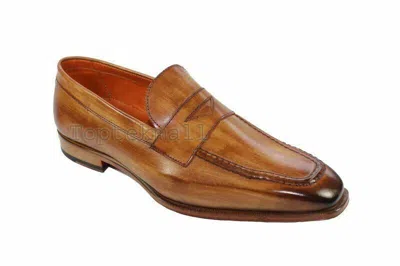 Pre-owned Handmade Men's Leather Two Tone Tan Loafers And Slip Ons Dress Custom Shoes-571 In Brown