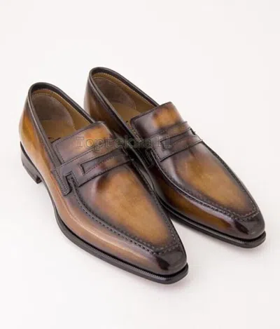 Pre-owned Handmade Men's Leather Two Tone Top Quality Loafers Slip Ons Classic Shoes-981 In Brown
