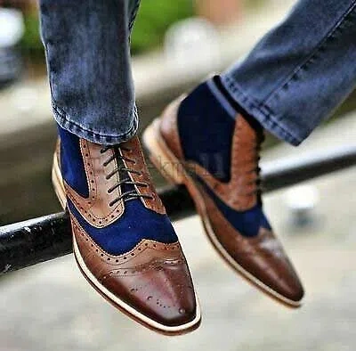 Pre-owned Handmade Men's Leather Unique Style Brown & Blue Real Oxfords Super Boots-715 In Two Tone