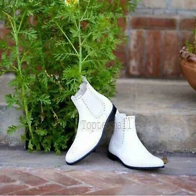 Pre-owned Handmade Men's Leather White Color Dress Chelsea High Ankle Stylish Boots-593