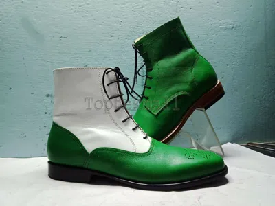 Pre-owned Handmade Men's Leather White Green Two Tone Rounded Toe High Ankle Boots-584