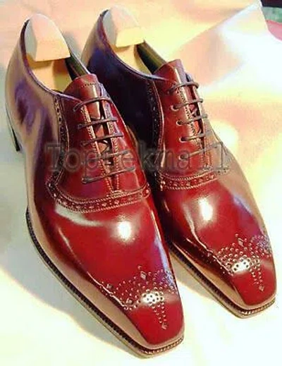 Pre-owned Handmade Men's Leather Wingtip Ox Blood Dress Brogue Formal Oxfords Shoes-121 In Red