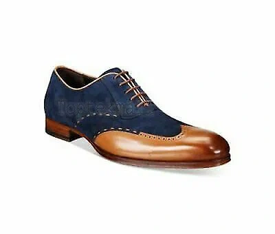 Pre-owned Handmade Men's Leather Wingtip Tan Navy Blue Suede Dress Formal Dress Shoes-140 In Brown