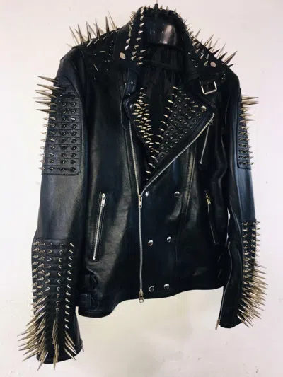 Pre-owned Handmade Men Long Spiked Black Leather Jacket. Rock Punk Style Leather Biker Jacket