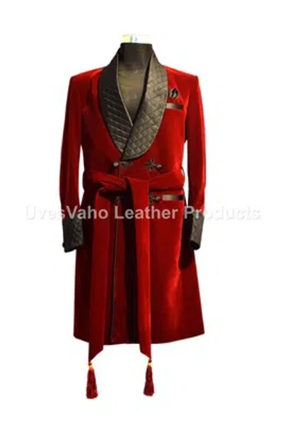 Pre-owned Handmade Men Maroon Quilted Belted Smoking Jackets Luxury Designer Party Wear Long Coats In Red