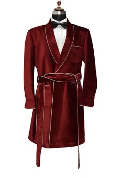 Pre-owned Handmade Men Maroon Smoking Jacket Designer Elegant Luxury Wedding Party Wear Long Coat In Red