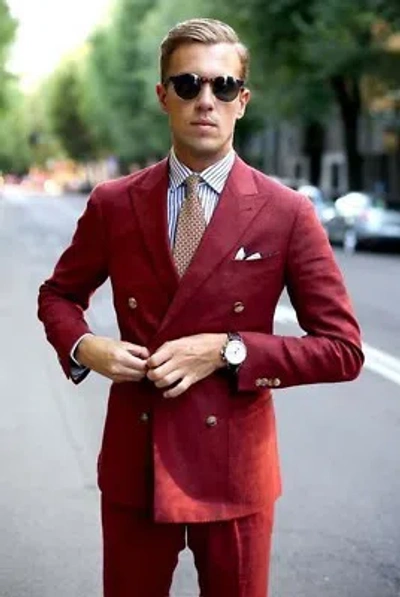 Pre-owned Handmade Men Maroon Suits Groomsmen Double Breasted Wedding Party Dinner Suits(coat+pant)