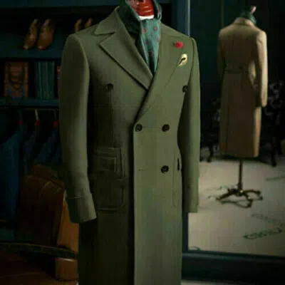 Pre-owned Handmade Men's Military Green Wool Great Double Breasted Coat Long Coat
