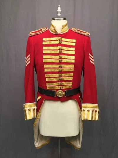 Pre-owned Handmade Men's Military Red Wool Coat With Gold Braid Tailcoat