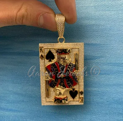 Pre-owned Handmade Men's Moissanite King Card Of Poker Pendant Real Sterling Silver Passes Tester In White/colorless
