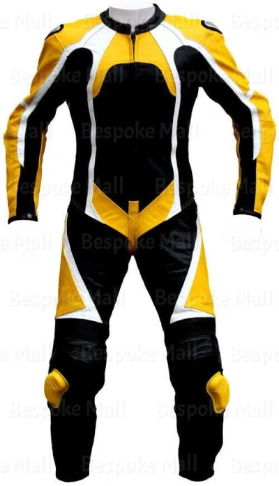 Pre-owned Handmade Men's Motorcycle Blue Cowhide Leather 1/2 Piece Suit Speed Hump Safety Pads-28 In Yellow