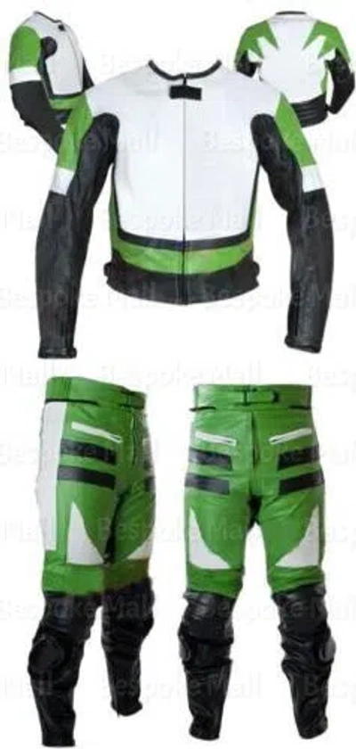 Pre-owned Handmade Men's Motorcycle Racing Green White Leather Two Piece Suit Safety Pads-553