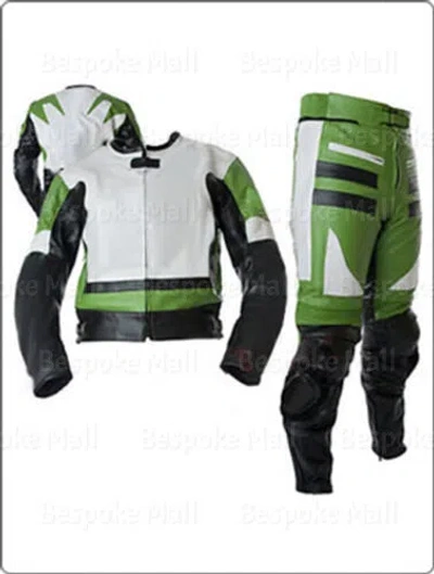 Pre-owned Handmade Men's Motorcycle Racing Green White Leather Two Piece Suit Safety Pads-554