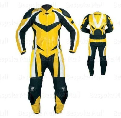 Pre-owned Handmade Men's Motorcycle Yellow Black Cowhide Leather One Piece Suit Safety Pads-549