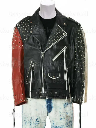 Pre-owned Handmade Men's Multicolor Spiked Studded Motorcycle Style Leather Jacket Belted-208