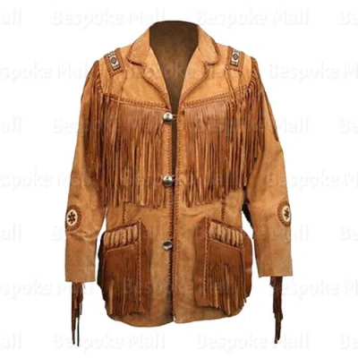 Pre-owned Handmade Men's Mustard  Brown Western Suede Leather Jacket Fringes Beads-883 In Yellow