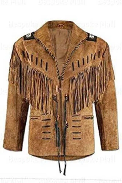 Pre-owned Handmade Men's Native America Western Brown Suede Leather Jacket Fringes Beads-96