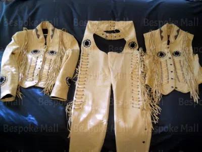 Pre-owned Handmade Men's Native American Cream Western Cowboy Leather 3 Piece Suit Fringes-617 In White