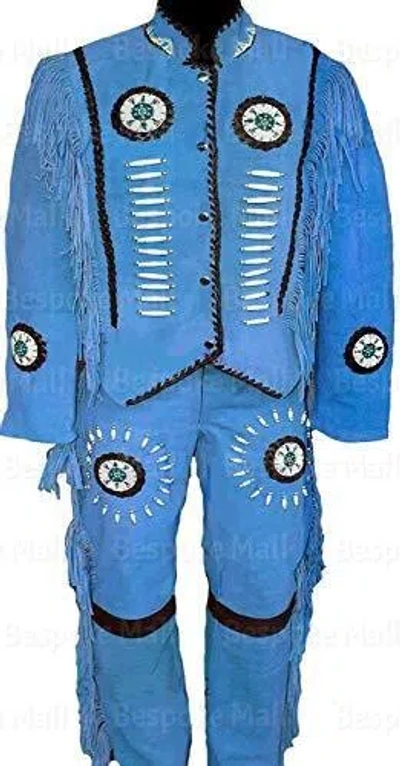 Pre-owned Handmade Men's Native American Western Blue Suede Leather 2pc Suit Bone Beads-614 In White