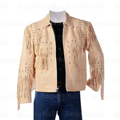 Pre-owned Handmade Men's Native American Western Cowboy Leather Jacket Fringes Bone Studs-245 In White