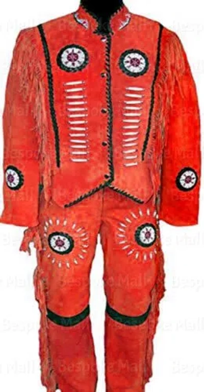 Pre-owned Handmade Men's Native American Western Suede Leather 2pc Suit Fringes Bone Beads-615 In Red