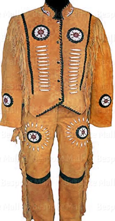 Pre-owned Handmade Men's Native American Western Suede Leather 2pc Suit Fringes Bone Beads-616 In Brown