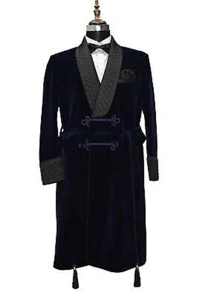 Pre-owned Handmade Men Navy Blue Smoking Jacket Designer Elegant Party Wear Blazer Long Coat Uk