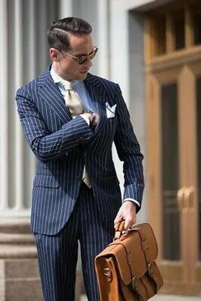 Pre-owned Handmade Men Navy Blue Striped Suits Designer Wedding Party Wear Suits (coat+pants)uk