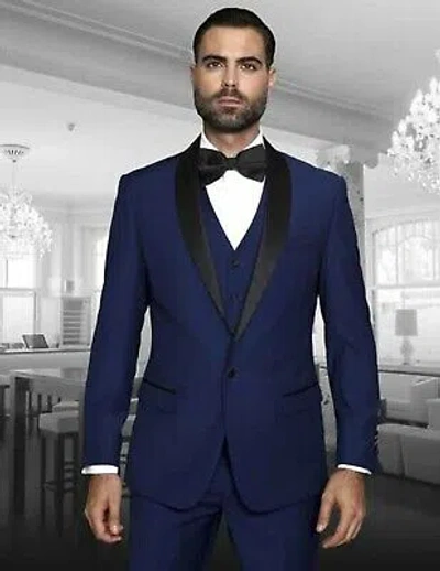 Pre-owned Handmade Men Navy Blue Suits Designer Elegant Wedding Dinner Suits (coat+vest+pants)