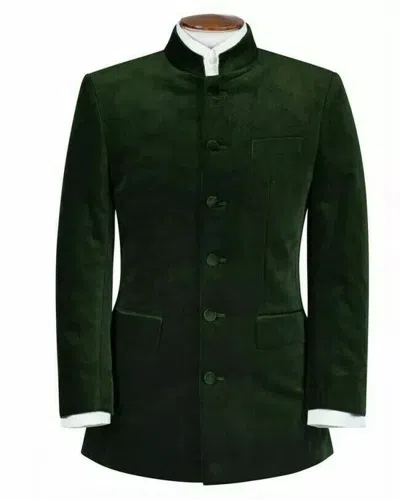 Pre-owned Handmade Men's Nehru Collar Green Smoking Jacket Premium Quality Velvet Dinner Jacket