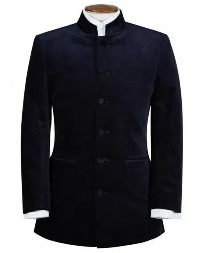 Pre-owned Handmade Men Nehru Collar Smoking Jacket Navy Blue Velvet Collar Dinner Jacket
