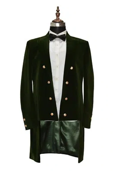 Pre-owned Handmade Men Olive Green Smoking Jacket Designer Wedding Party Wear Tail Long Coat