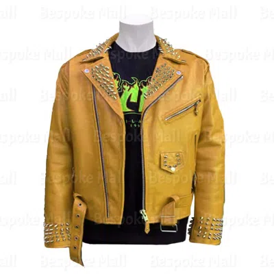 Pre-owned Handmade Men Orange Silver Spiked Studded Punk Rock Cowhide Biker Leather Jacket-508