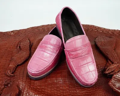 Pre-owned Handmade Men's Pink Crocodile Leather Driving Moccasins Loafers Shoes Slip-on Us 14-15