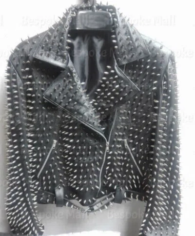 Pre-owned Handmade Men's Punk Black Full Spiked All Over Brando Rock-star Leather Jacket-882