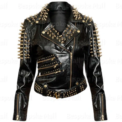 Pre-owned Handmade Men's Punk Black Gold Metallic Spiked Studded Cowhide Leather Jacket-776