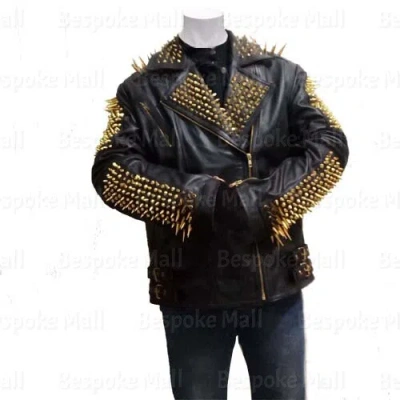 Pre-owned Handmade Men's Punk Black Golden Spiked Studded Unique Cowhide Biker Leather Jacket-19