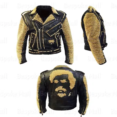 Pre-owned Handmade Men's Punk Black Golden Studded Monster Skull Leather Jacket-560