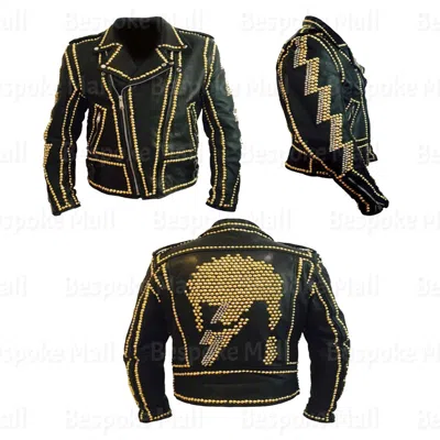 Pre-owned Handmade Men's Punk Black Golden Studded Monster Skull Leather Jacket All Size-559