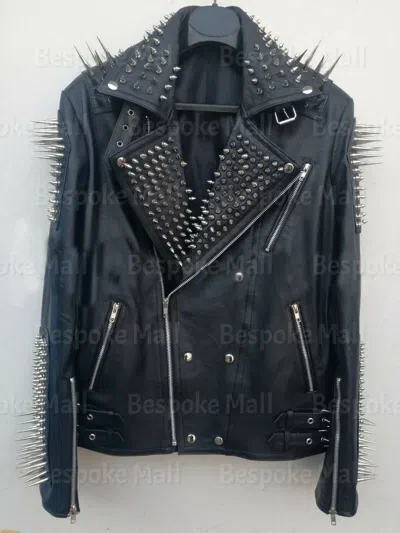 Pre-owned Handmade Men's Punk Black Long Spiked Studded Cowhide Motorbike Leather Jacket-820