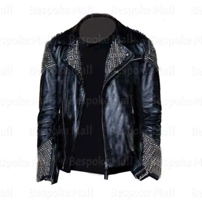 Pre-owned Handmade Men's Punk Black Multi Silver Metallic Studded Cowhide Leather Jacket-360