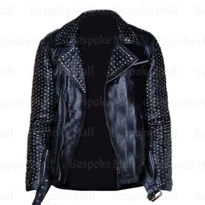Pre-owned Handmade Men's Punk Black Silver Metallic Studded Cowhide Biker Leather Jacket-858